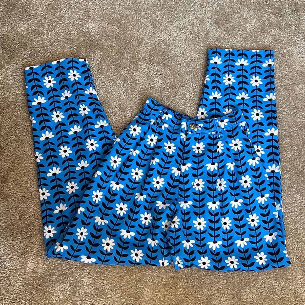 Big Bud Press Blue Black White Daisy Chain Trousers NWOT - Picture 1 of 4